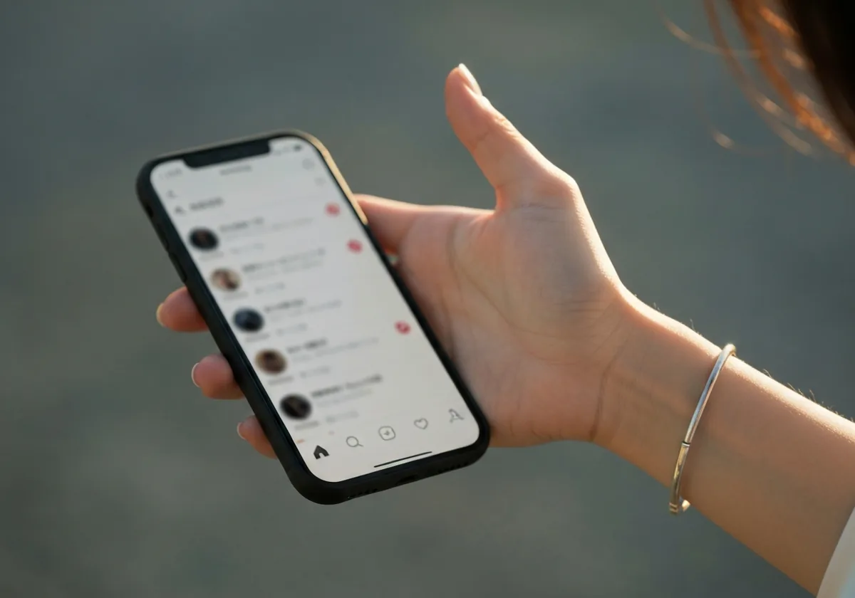 ぼやけたスマホ画面をスクロールする手元
