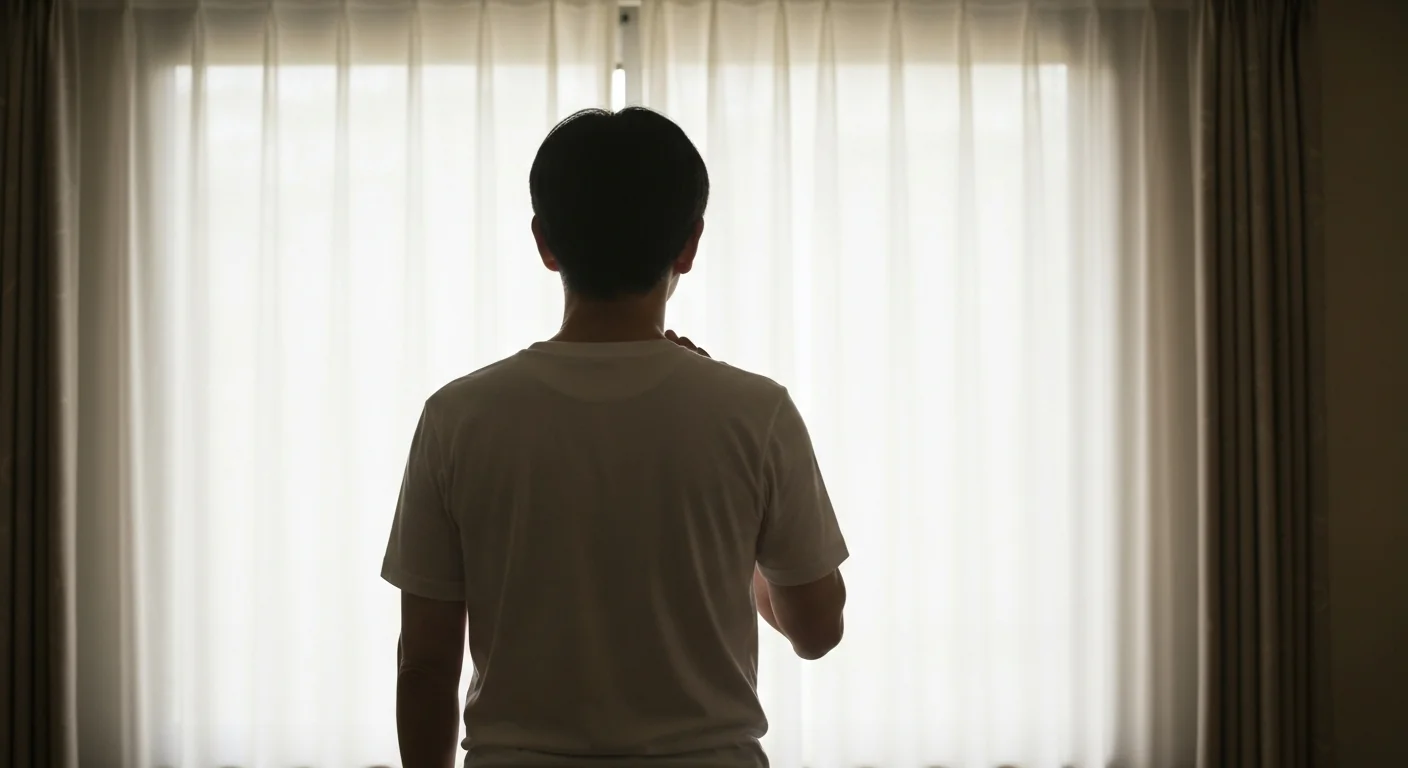 朝の窓辺で深呼吸する後ろ姿