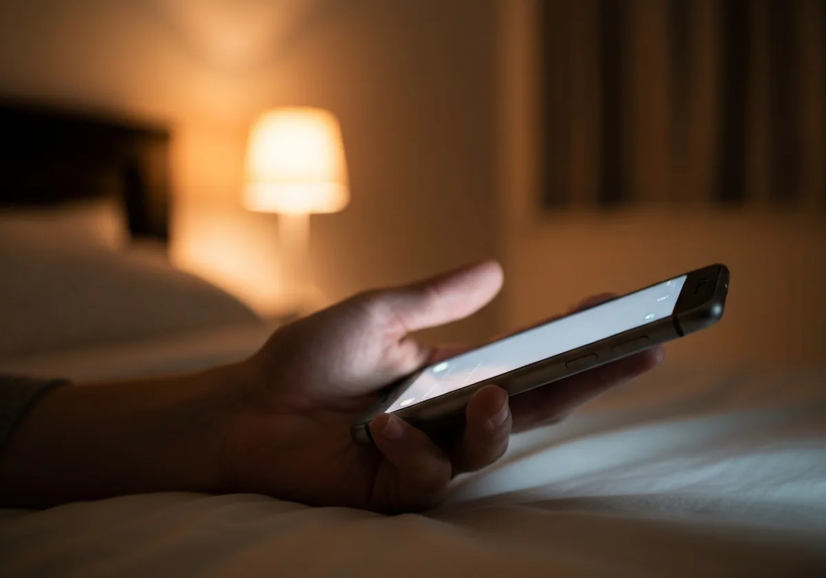 深夜にスマートフォンを見る手元の疲れた光