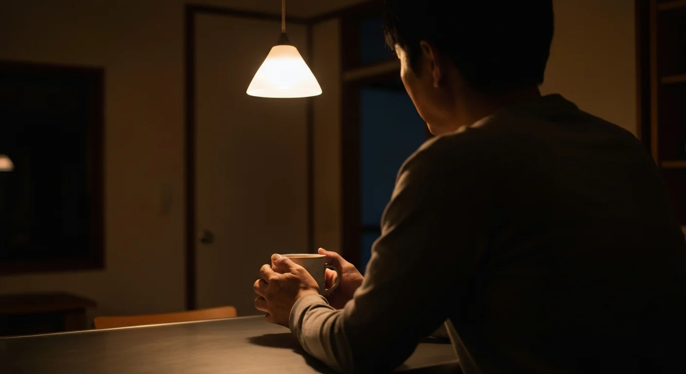 夜のキッチンでマグカップを両手で包む手元、薄明かりの中の静かな時間