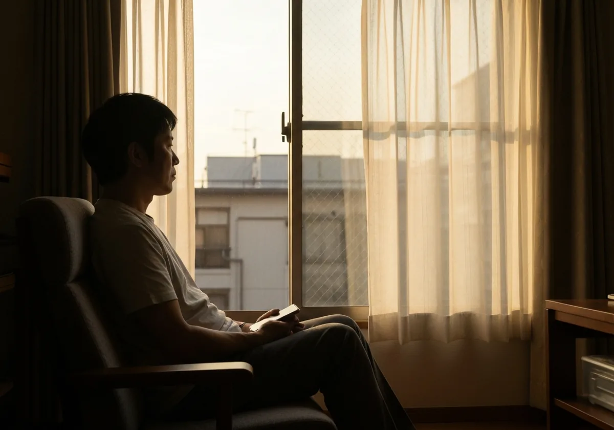 窓辺で携帯を膝に置いたまま外を見る横顔、夕方の柔らかい光