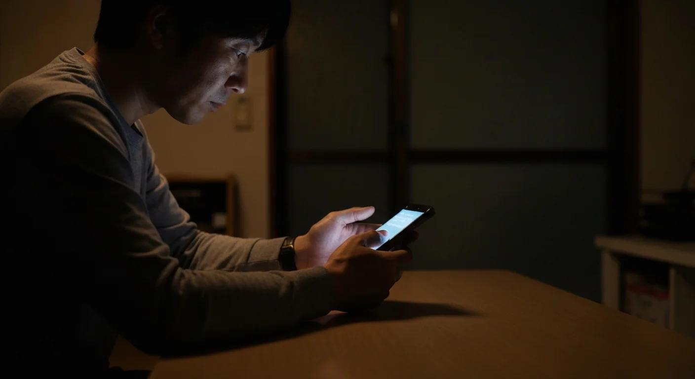 夜のテーブルでスマホ画面を見つめたまま固まっている手元、画面の明かりだけが顔を照らす