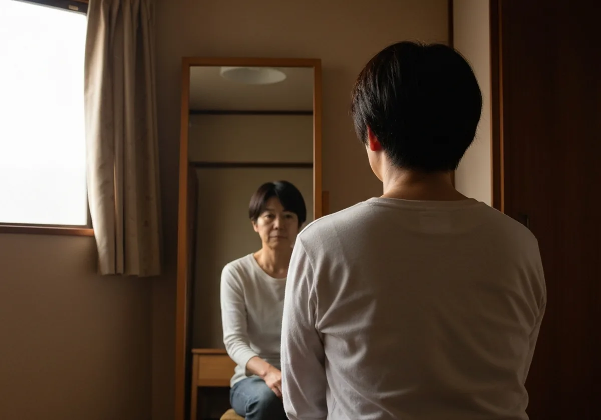鏡に向かって静かに座る後ろ姿、自分と向き合う朝の光