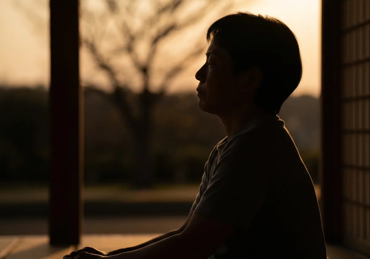 静かに目を閉じる横顔、夕方の光の中で深く息を整える