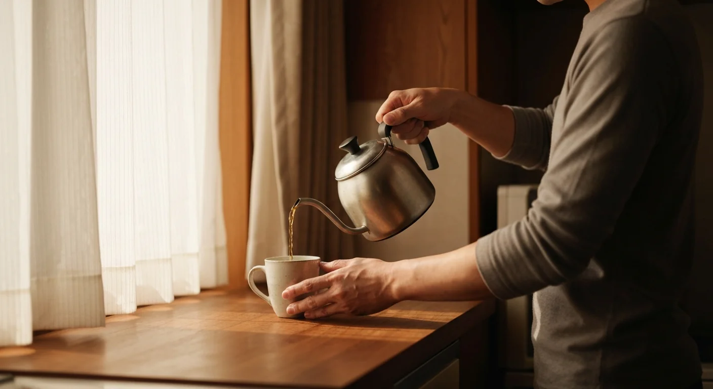 朝の窓辺で、コーヒーを淹れながら静かに自分と向き合う手元、柔らかな朝の光