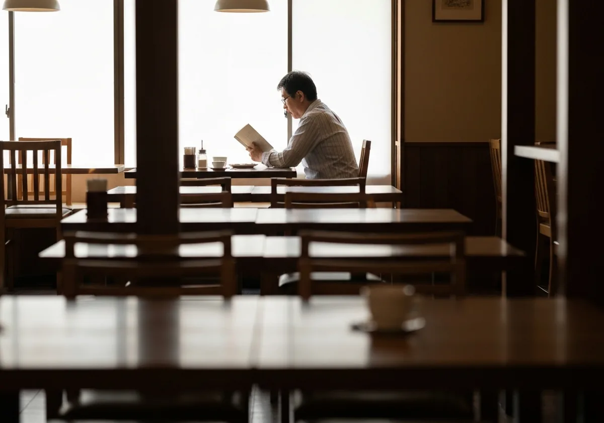 カフェで本を読む人の横顔、別のテーブルから静かに観察する視線