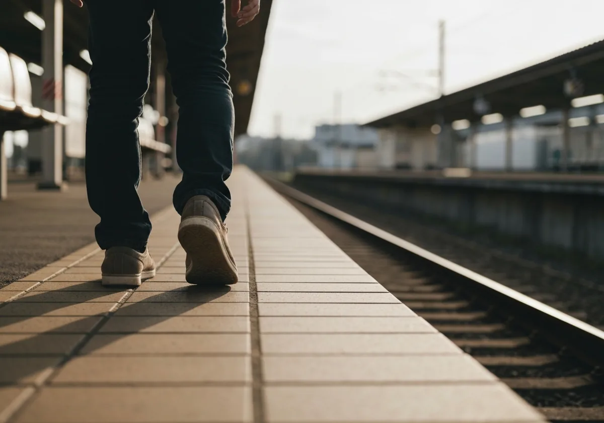 駅のホームでいつもと違う電車に乗ろうと足を踏み出す靴元、新しい行動の象徴