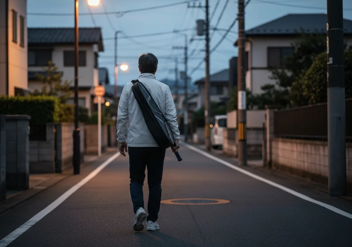 夕方の街路を一人歩く後ろ姿、ラケットバッグを肩にかけた帰り道