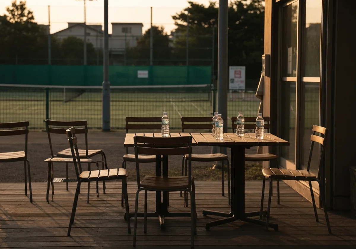コートと懇親会場をつなぐ静かな夕方の風景