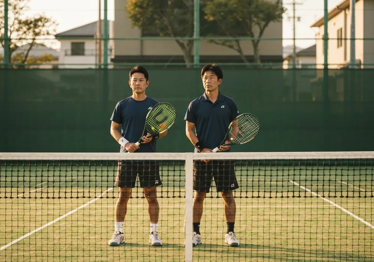 ダブルスでネット前に並ぶ二人