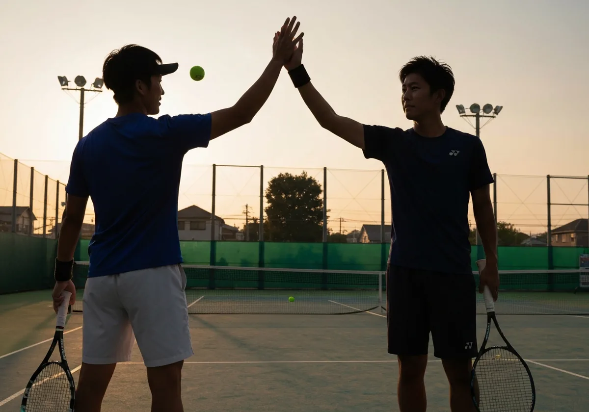 コートでハイタッチする2人のシルエット