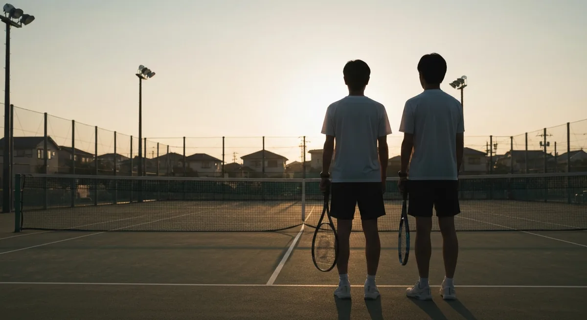 並んでコートを見つめる2人のシルエット