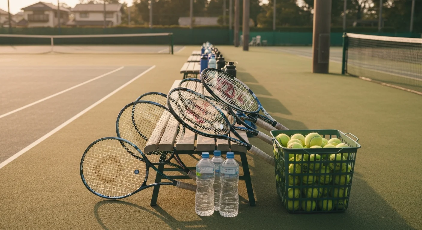 コートに並ぶ複数のラケットとボール、サークル開始前の風景