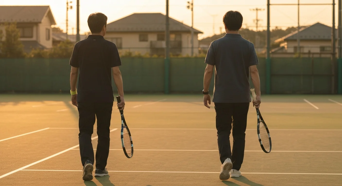 夕方のコートで並んで歩く二人の後ろ姿