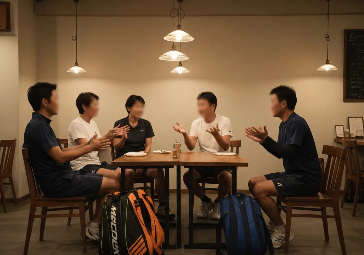 懇親会のテーブルを囲んで会話する人たちの遠景