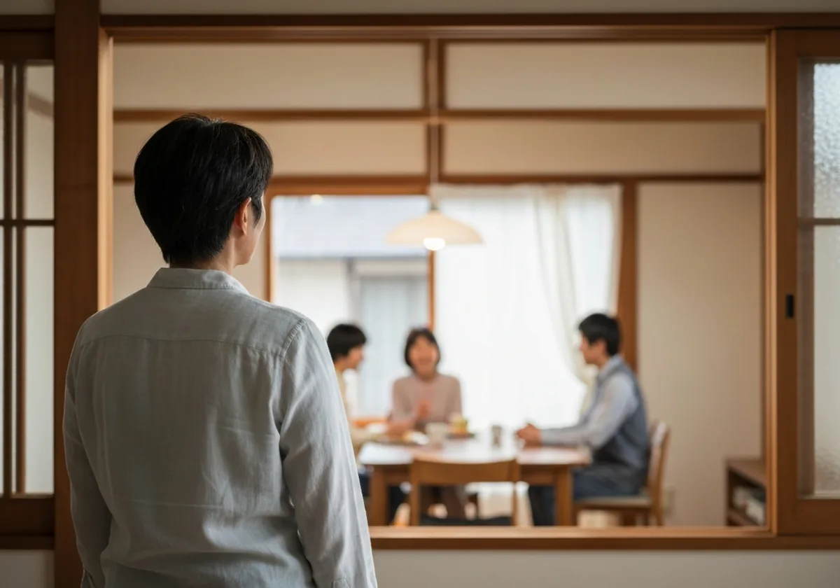窓越しに静かな食卓を見つめる単独の後ろ姿