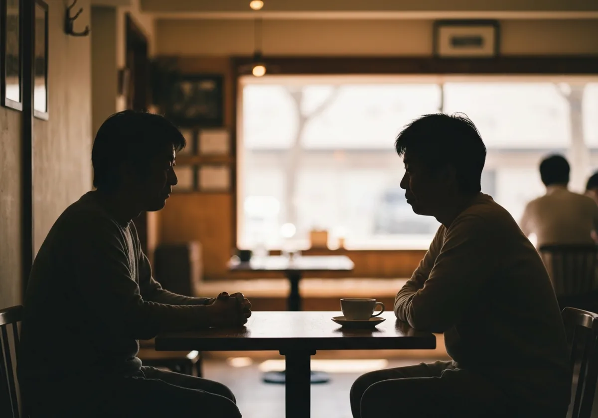 カフェで向き合って話す友人2人のシルエット