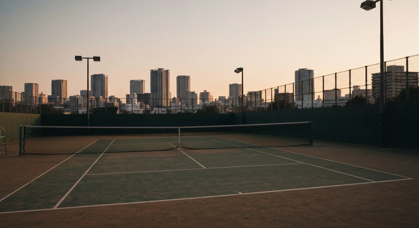 夕方の品川エリアのテニスコートと都市風景