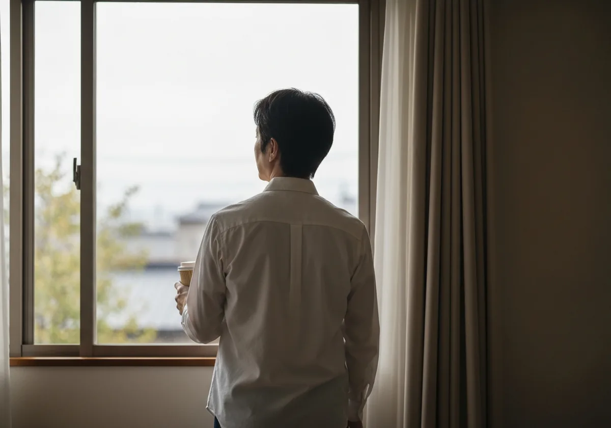 窓辺に立ち外を見つめる単独の後ろ姿